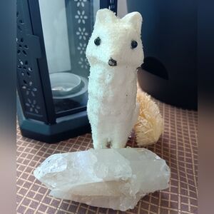 Quartz crystal point natural & white fox  ornament w/ clip, NWOTs